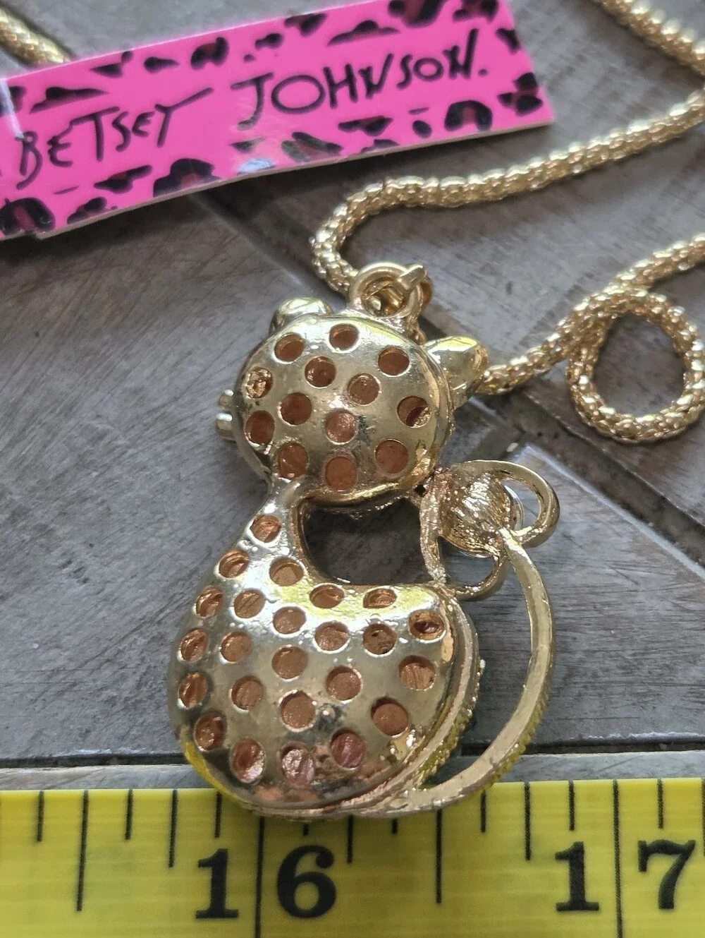NWT Betsey Johnson Gold-Tone Cat Pendant Necklace Blue White Crystal Accents